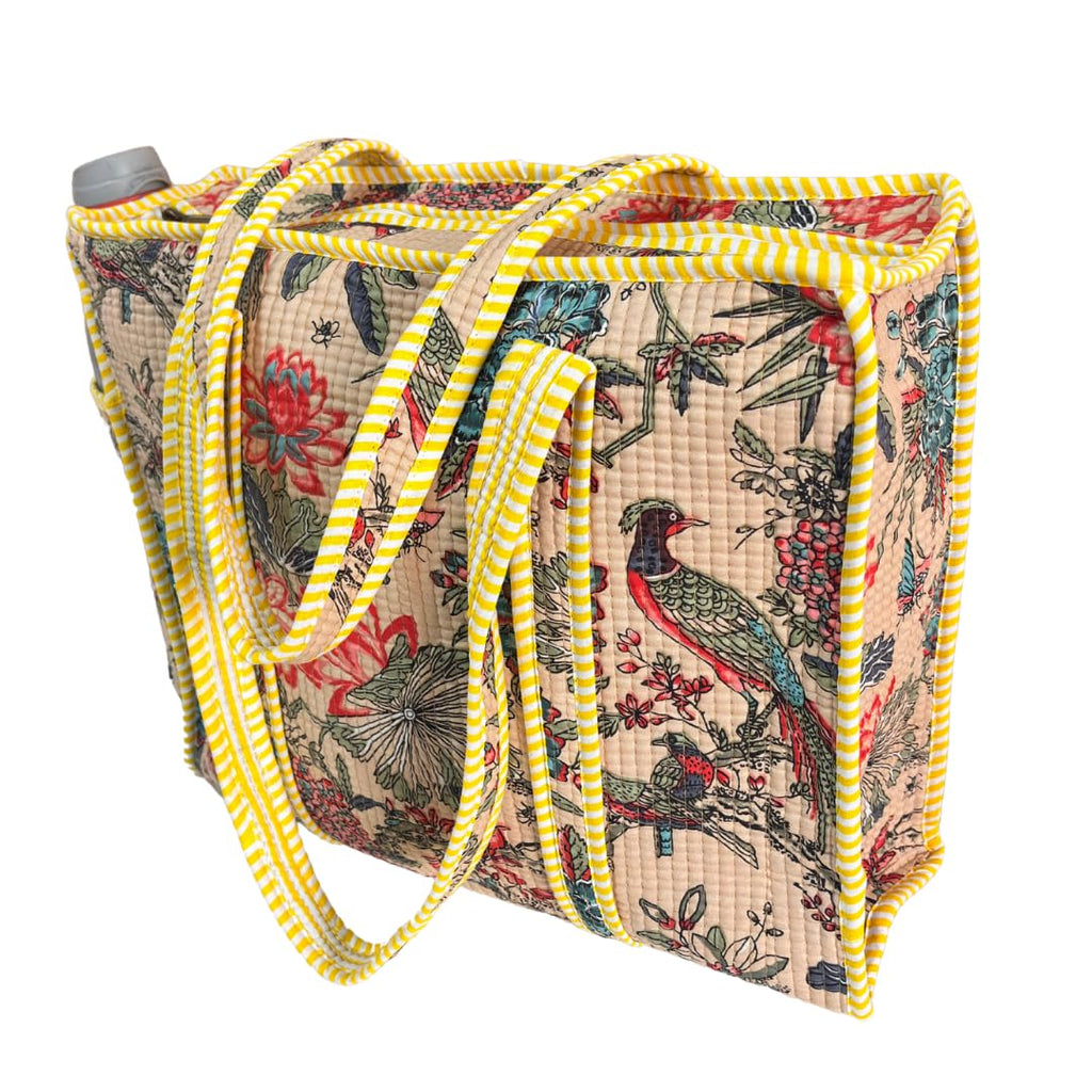 The House of RajPadmini Floral Quilted Cotton Shopping Tote Bag, 16x16 inches, Striped Trim, External Bottle Pocket (Off-White)