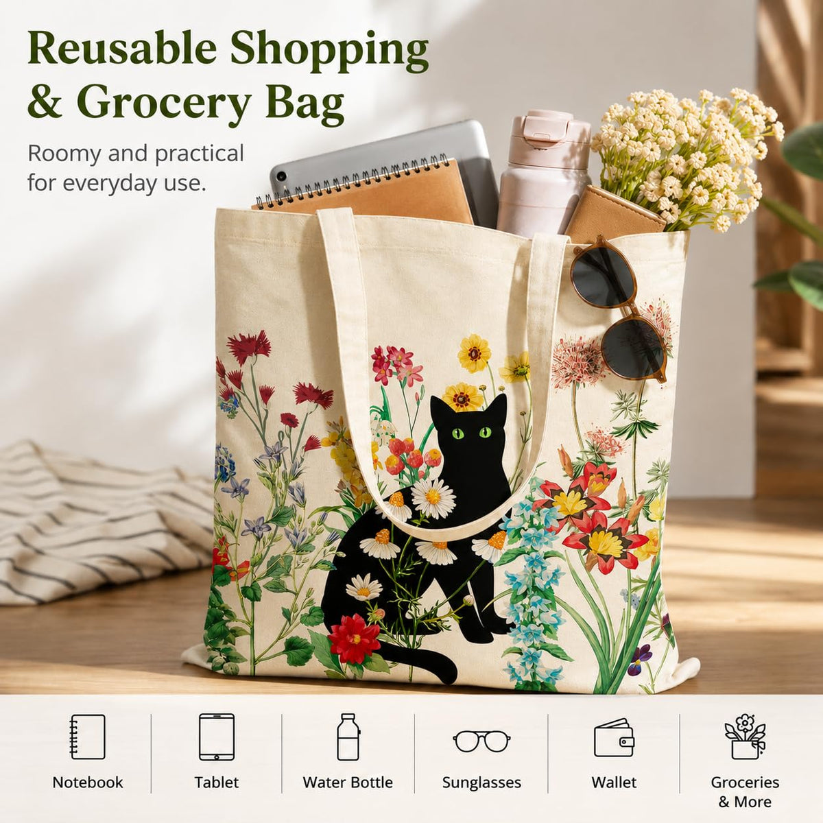 bmuvghi Black Cat Canvas Tote Bag, Birthday Cat Gift Bag with Zipper Pocket