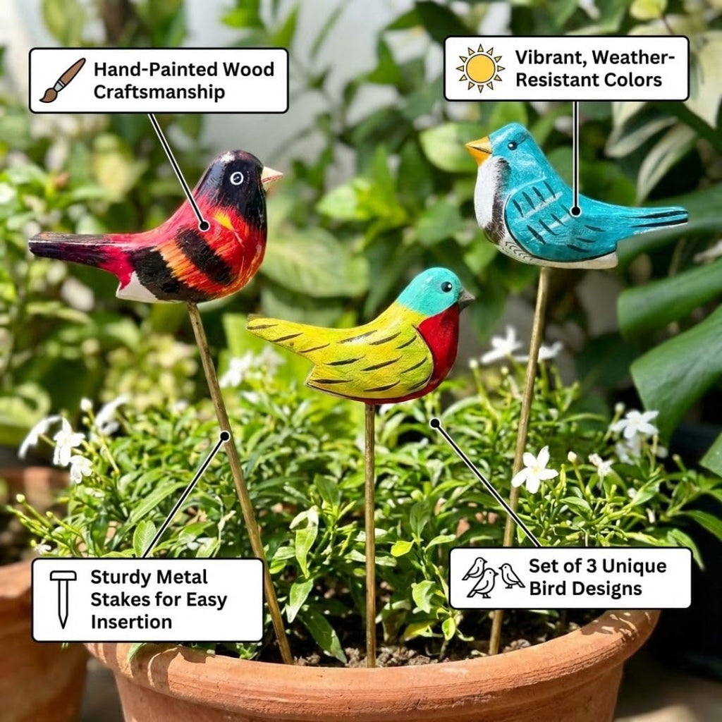 ATRANGI STUDIO Assorted Bird Wooden Garden Stake - Set of 3 | Handcrafted by Rajasthan artisans | Boho Garden/Balcony Decor | Easy to use in pots, patios, lawns | Multicolour