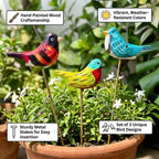 ATRANGI STUDIO Assorted Bird Wooden Garden Stake - Set of 3 | Handcrafted by Rajasthan artisans | Boho Garden/Balcony Decor | Easy to use in pots, patios, lawns | Multicolour