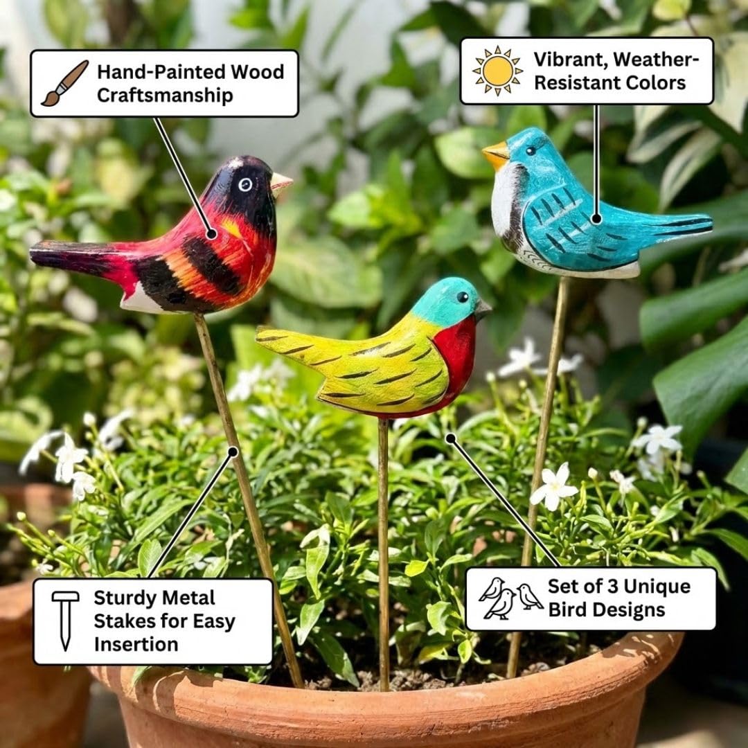ATRANGI STUDIO Assorted Bird Wooden Garden Stake - Set of 3 | Handcrafted by Rajasthan artisans | Boho Garden/Balcony Decor | Easy to use in pots, patios, lawns | Multicolour