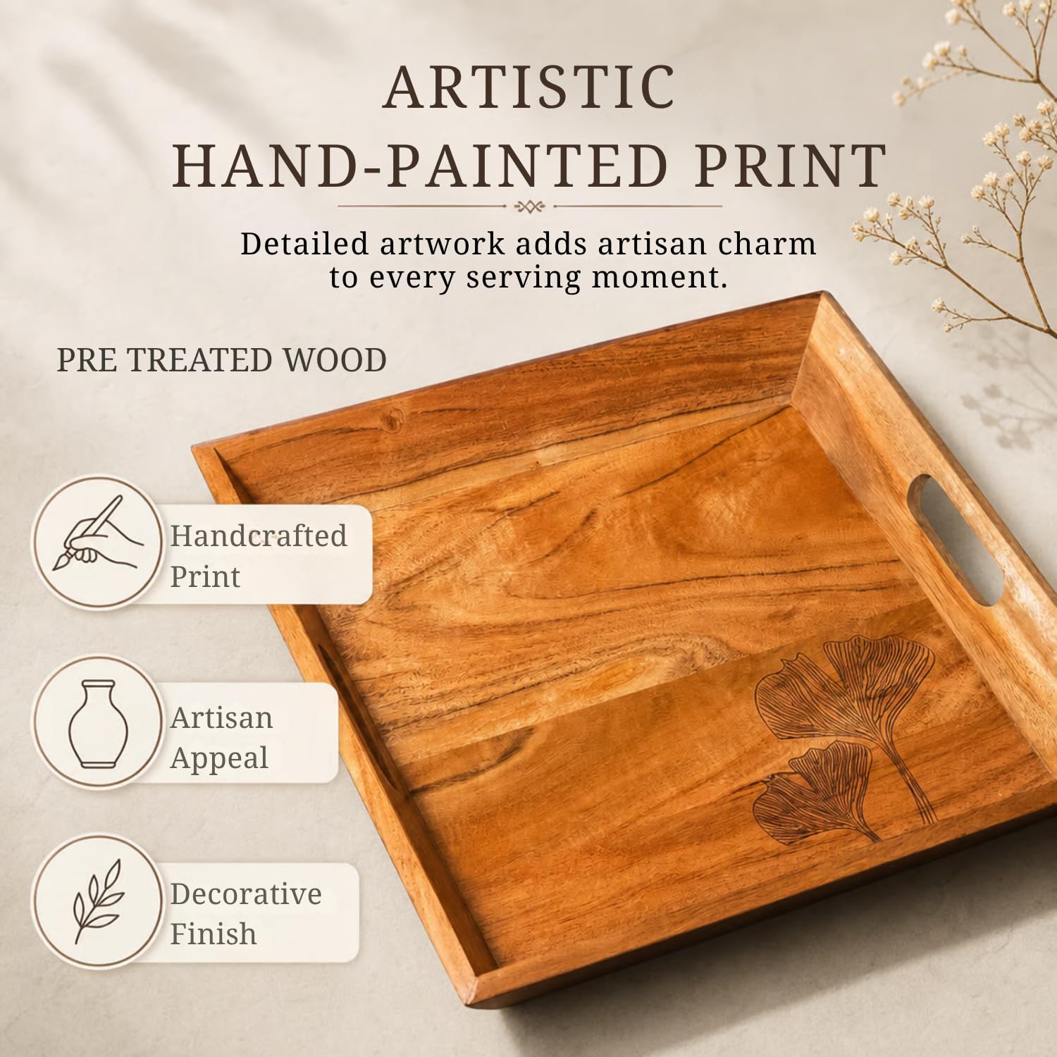 The Sanctum Handcrafted Hand-Painted Print Serving Tray | Premium Wooden Entertaining Tray | Decorative Home Décor Accessory | Part of Six-Piece Artisan Collection
