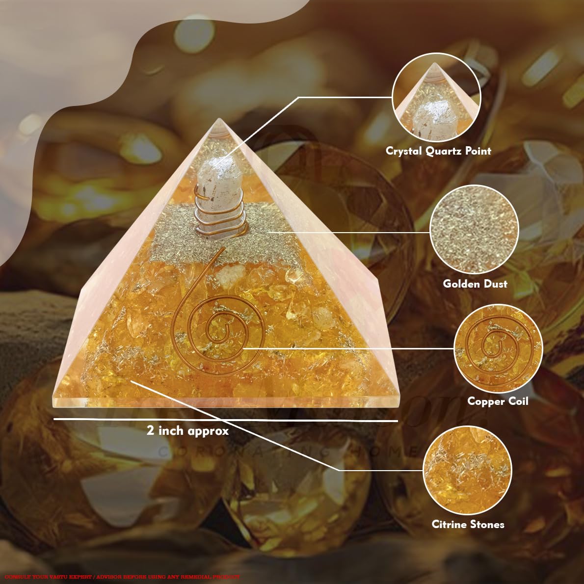 TREE MAISON CORONATING HOMES Citirine Crystal Pyramid | 2 Inch | Feng Shui & Vastu Correction | Crystal Pyramid for Positive,Meditation, Health, Good Luck | Home & Office Decor | Gift | Study Table