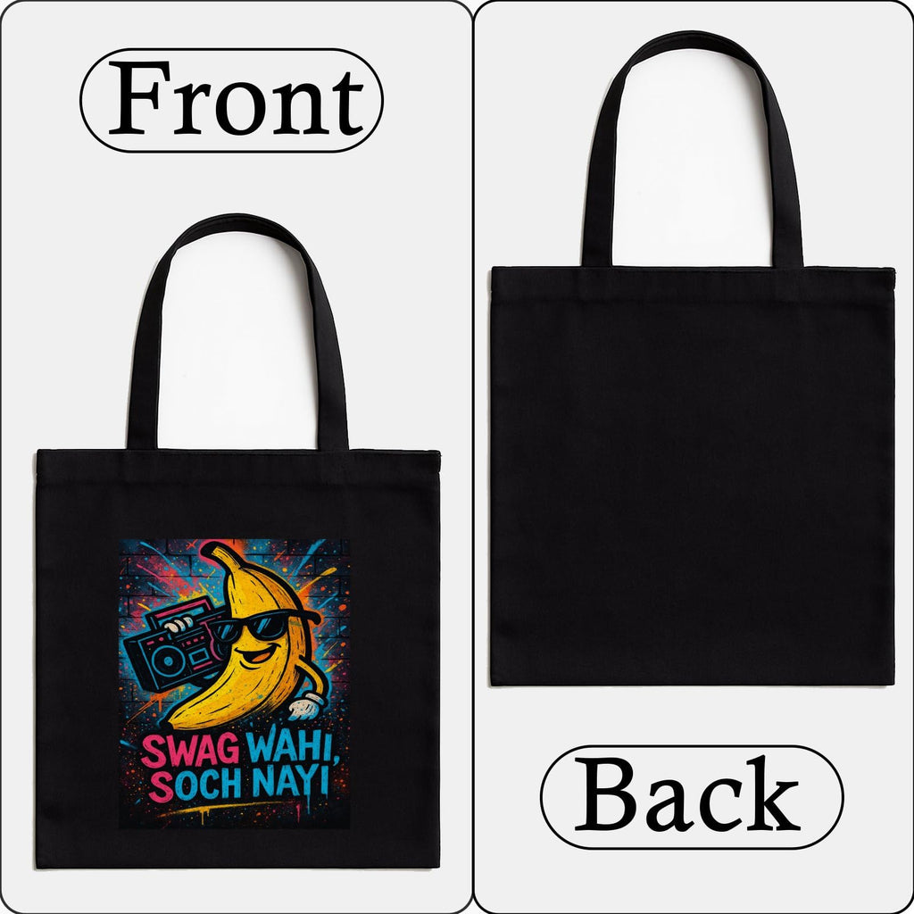 Kirmada Black Cotton Tote Bag | Swag Wahi Soch Nayi Design | Trendy Desi Humor Tote for College, Shopping & Daily Use | Zipper Closure | Reusable Eco Friendly Gift for Girls & Boys