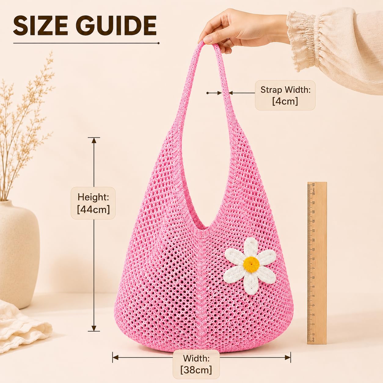 Kawn Crochet Mesh Beach Tote Bag for Women with Flower Brooch | Cotton Linen Knitted Shoulder Bag | Lightweight Boho Summer Handbag for Travel, Shopping & Vacation - (Pink)