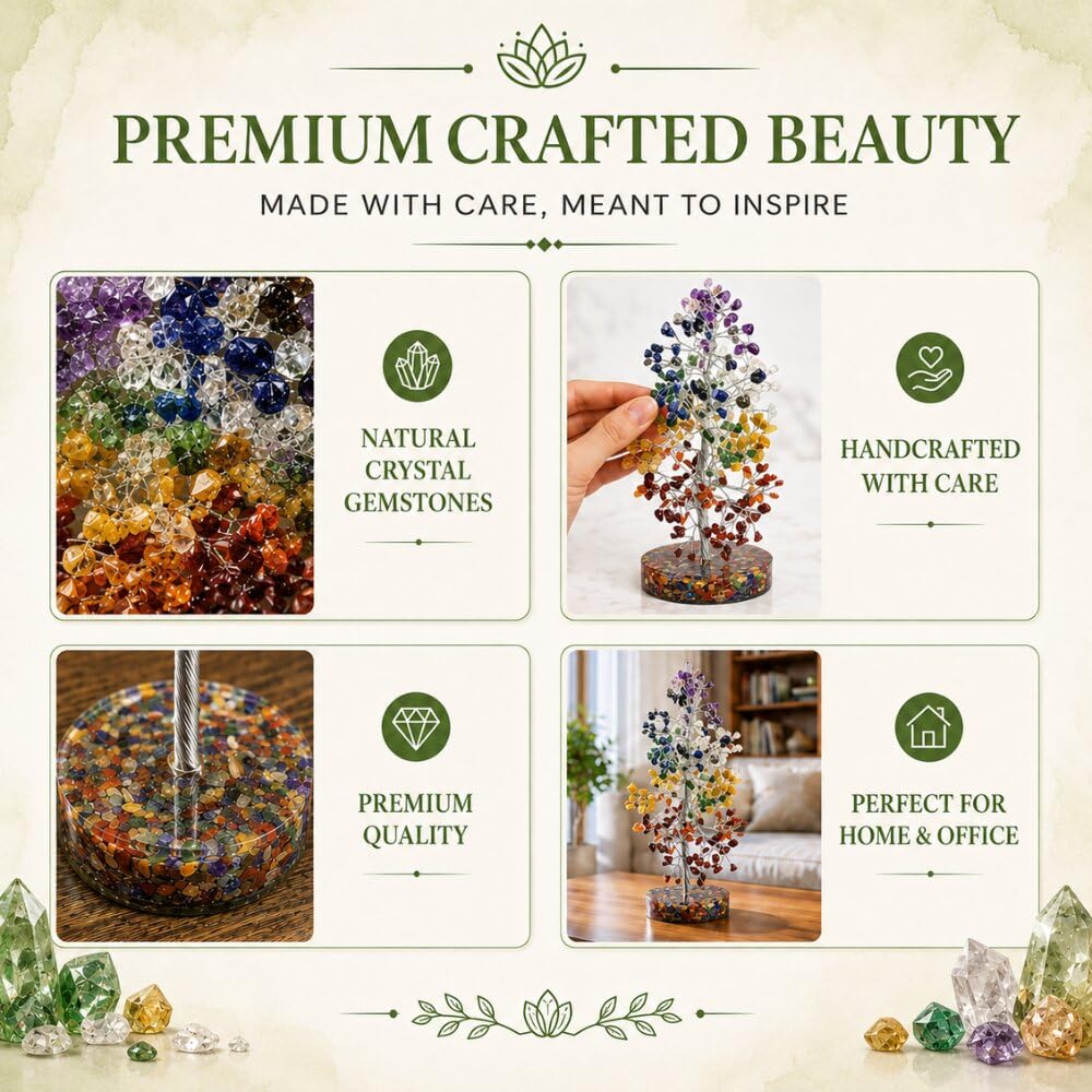 Calminds 7 Chakra Crystal Orgonite Tree Positive Energy & Meditation | Handmade Healing Crystal Tree for Chakra Balancing, Vastu & Feng Shui | 7 Chakra Home & Office Decor