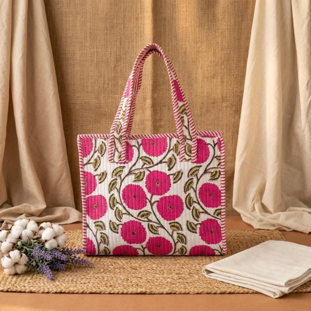 THREADORA LIVING Handmade Quilted Small Tote Bag for Women with Zipper – 100% Cotton Floral Print Lunch Bag| Reusable Eco-Friendly Tote for Office, Travel, Shopping, Picnic & Gifting Handbag