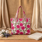 THREADORA LIVING Handmade Quilted Small Tote Bag for Women with Zipper – 100% Cotton Floral Print Lunch Bag| Reusable Eco-Friendly Tote for Office, Travel, Shopping, Picnic & Gifting Handbag
