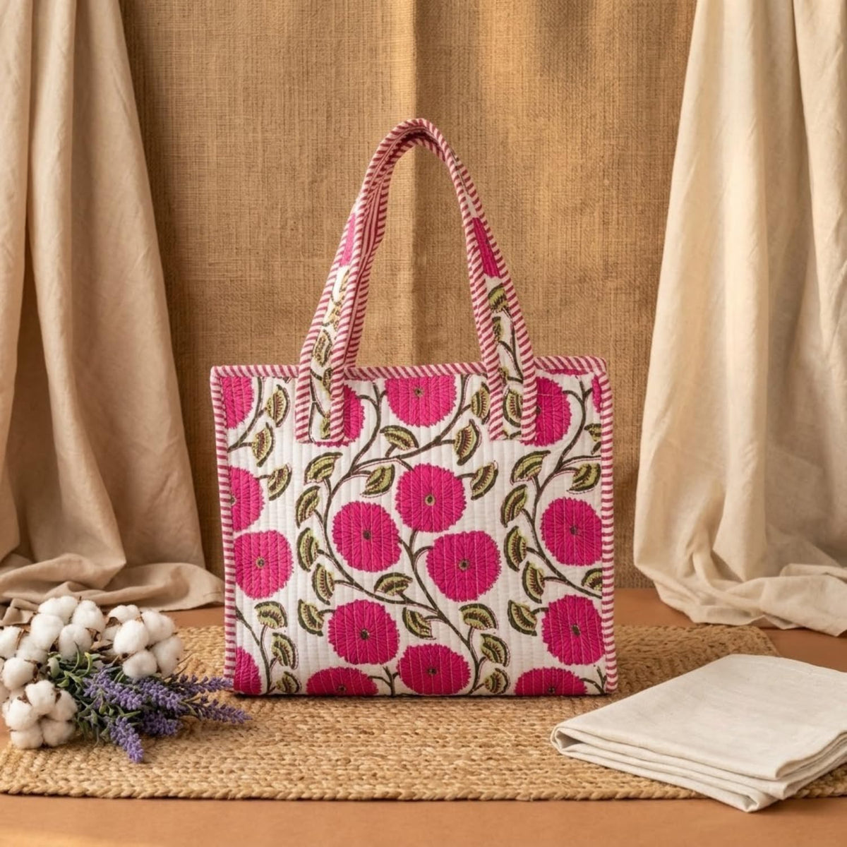 THREADORA LIVING Handmade Quilted Small Tote Bag for Women with Zipper – 100% Cotton Floral Print Lunch Bag| Reusable Eco-Friendly Tote for Office, Travel, Shopping, Picnic & Gifting Handbag