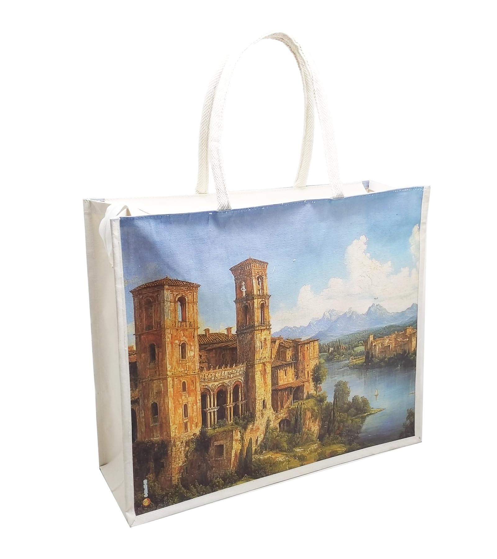 Sangra Large Cotton Canvas Reusable Bags for Travel, Grocery Shopping Bag, Multi-Purpose Bag, Sturdy Handle With Zipper Lock (20 inch X17 inch X7 Inch) (Castle)