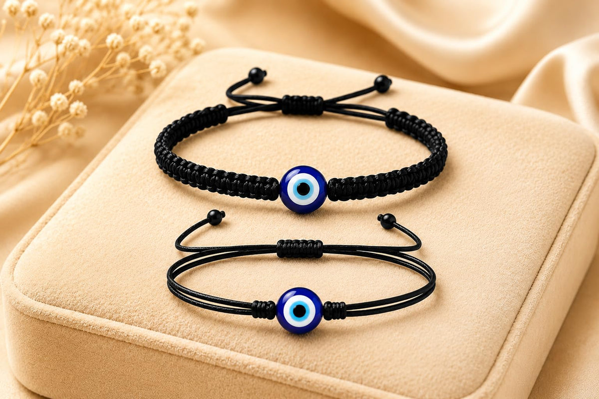 Handmade Evil Eye Bracelet Set of 4 | Black Thread Adjustable Bracelets for Women, Men, Girls & Boys | 6 mm Nazar Charm Protection Wristband