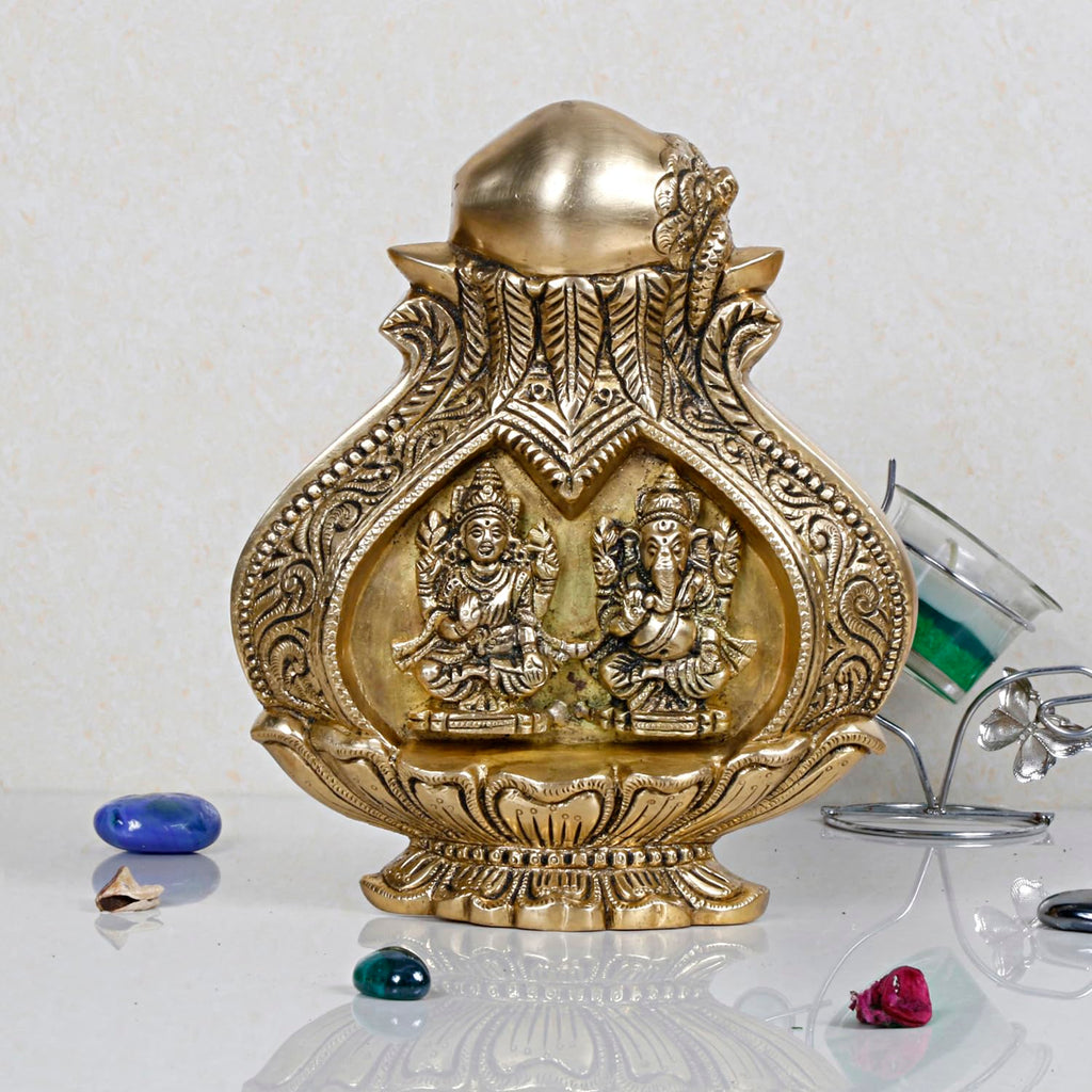 ARTVARKO Brass Laxmi Ganesh Carving Mangal Kalash Ganesha Wall Hanging Table Decor for Gift Pooja Temple and Home Decorative Items Size 9 Inch