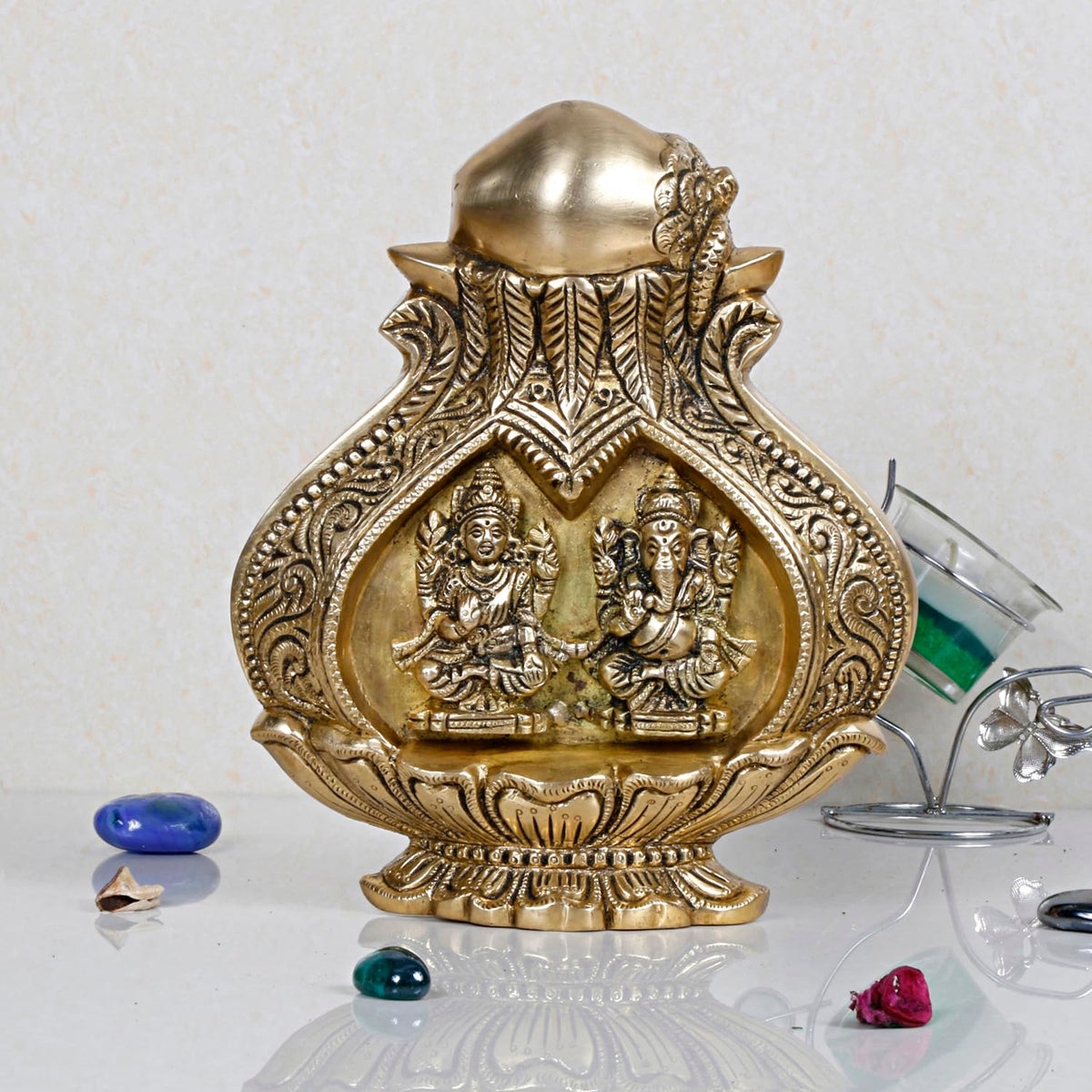 ARTVARKO Brass Laxmi Ganesh Carving Mangal Kalash Ganesha Wall Hanging Table Decor for Gift Pooja Temple and Home Decorative Items Size 9 Inch