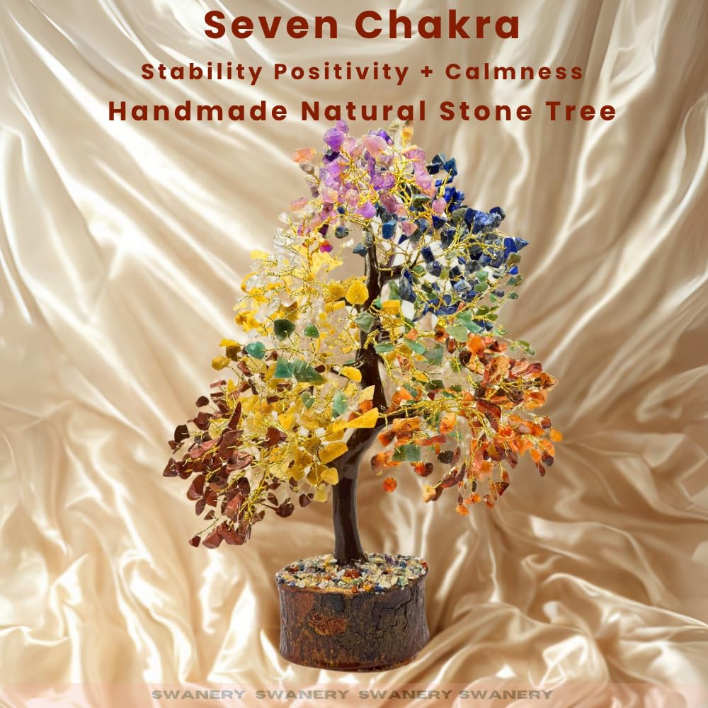 Swanery Seven Chakra Gemston Tree of Life, Positive Energy, Feng Shui Decor, Bonsai, Crystals and Healing Stones, Money Tree, Room Decor Stone, Healing Crystals (Chakra Tree)