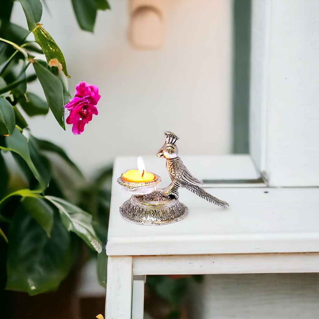 KridayKraft Aluminium Parrot Diya (Silver)