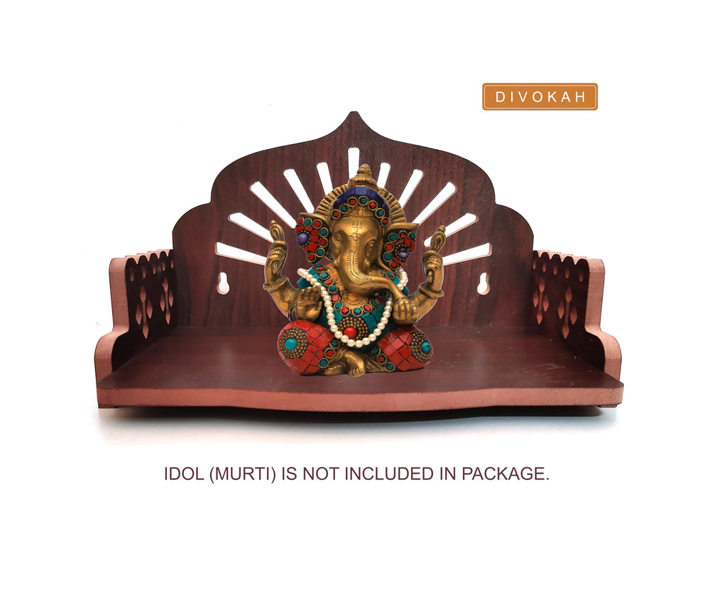 DIVOKAH® MDF Small Wooden Temple/Wall Shelves/sinhasan/Pooja Stand(8.5 in * 6 in * 5.5 in) (8 MM Plywood Thickness) (BR OMSUN)