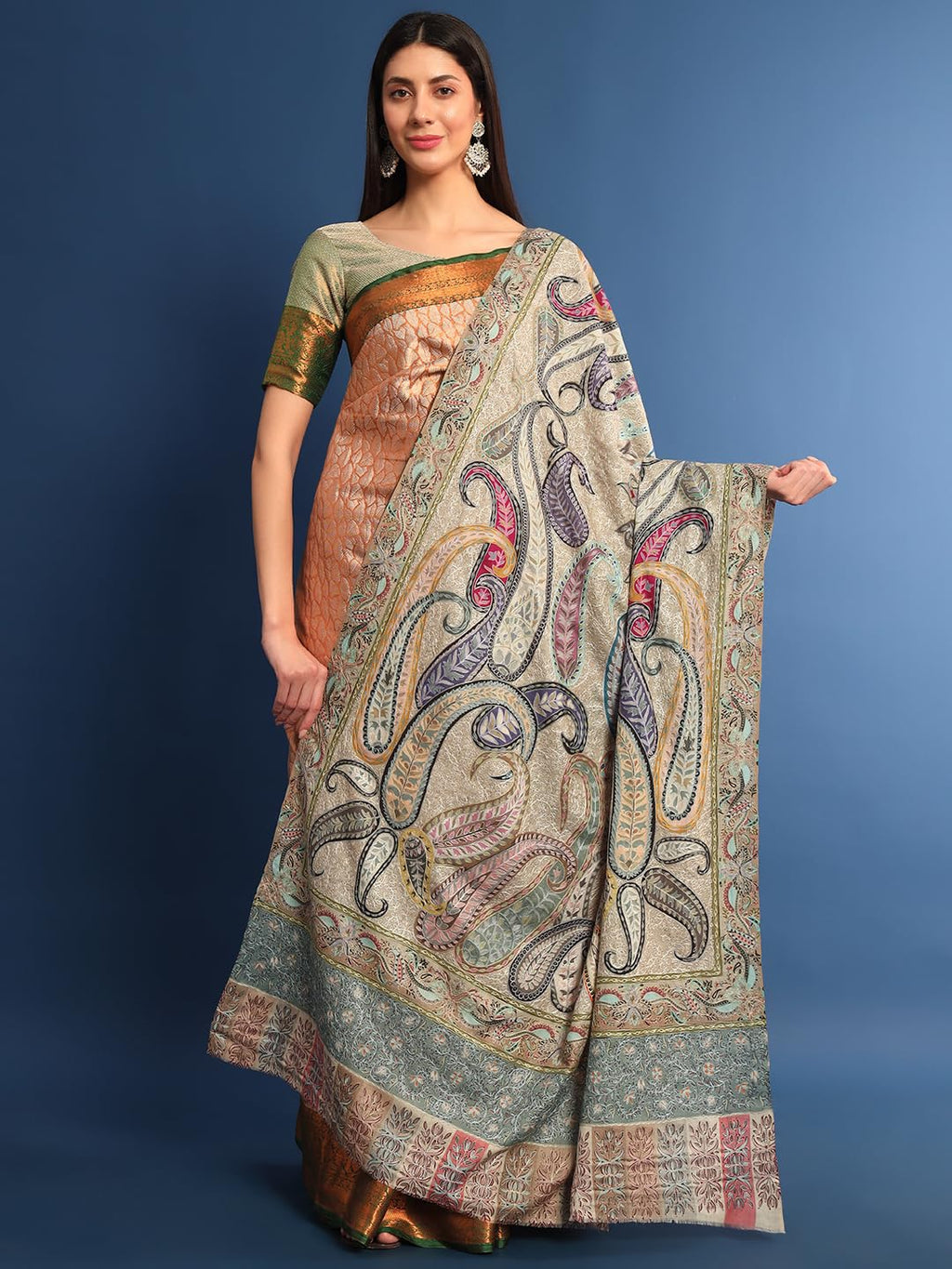 Pashmoda Women Fiza Fine Wool Fabric Pashmina Kalamkari Embroidered Shawl, Stole and Wrap, Sustainable and Natural Fabric, Heritage Kashmiri Pashmina(Size 45x90)