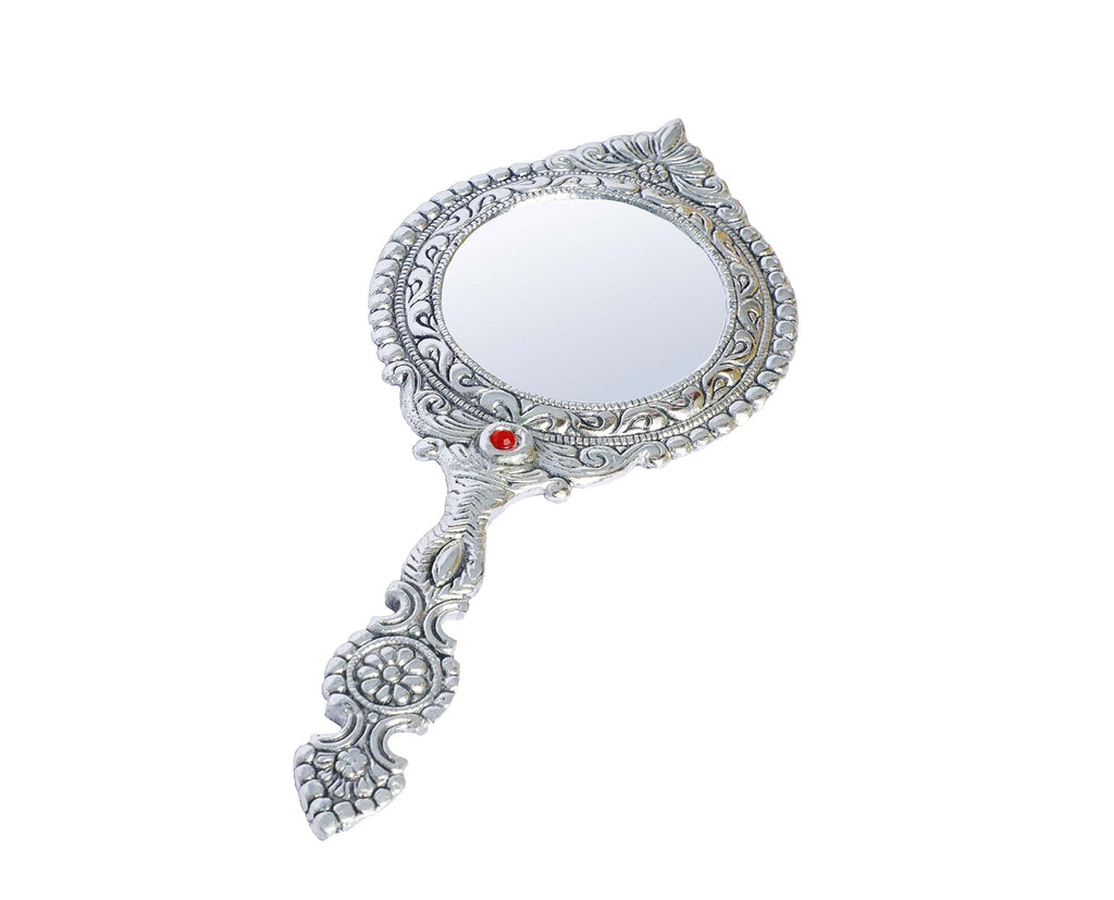 KridayKraft Beautifully Carved Round Shape Silver Plating Hand Mirror for Makeup, Travelling, Salon Mirror & Decorative Mirror Antique Item for Wedding Gifts.