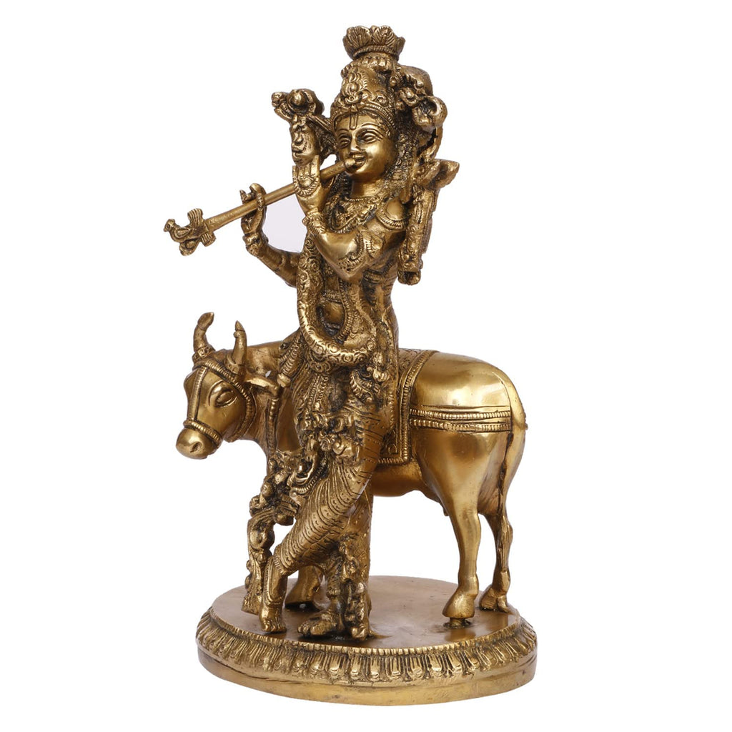 SVARUP Brass Shri Krishna Idol with Cow Kishan Bhagwan Murti Lord Krishna Cow Statue with Flute Big Size Height 10 Inch