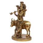SVARUP Brass Shri Krishna Idol with Cow Kishan Bhagwan Murti Lord Krishna Cow Statue with Flute Big Size Height 10 Inch