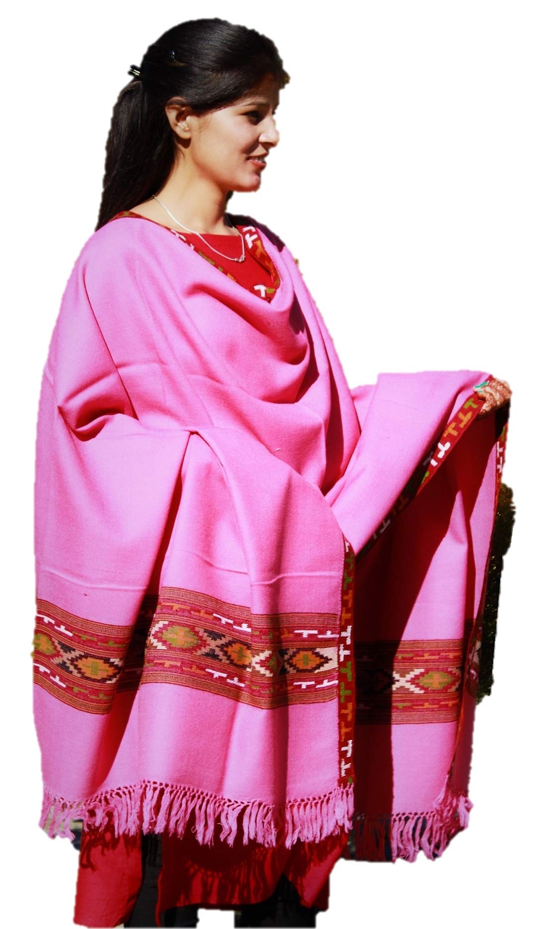 HImalayanKraft Hand Woven Kullu Handloom Pure Woolen Shawl Pink Colored with Beautiful Kullu Weaving Designed for Women and Girls.
