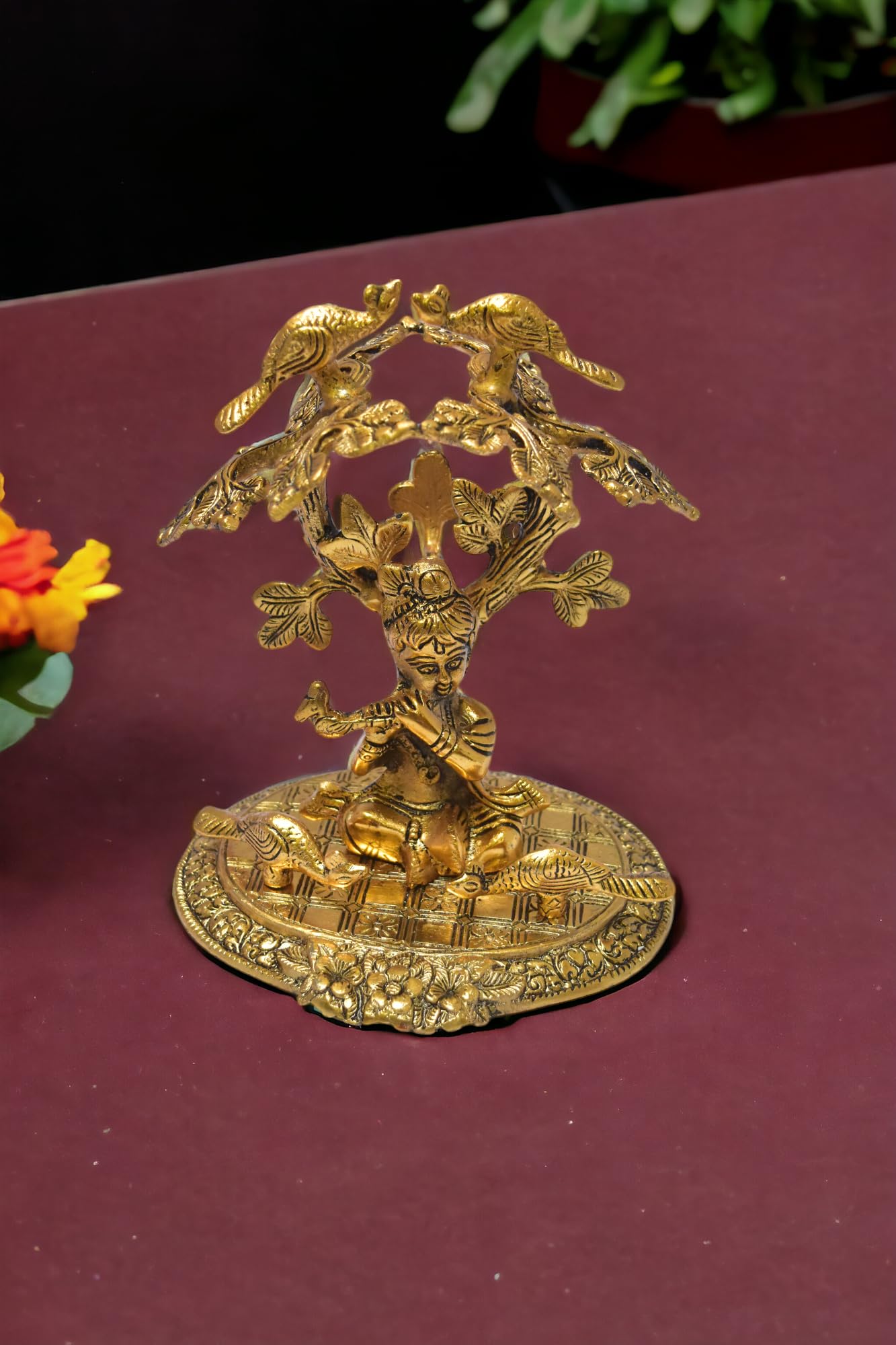 KridayKraft Shri Krishna Sitting Under Tree Laddu Gopal with Playing Flute Metal Statue Showpiece Figurines,Religious Idol Gift Article.