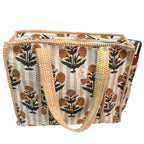 The House of RajPadmini Floral Quilted Cotton Shopping Tote Bag, 16x16 inches, Striped Trim, External Bottle Pocket (Floral Yellow (250 GSM Cotton))