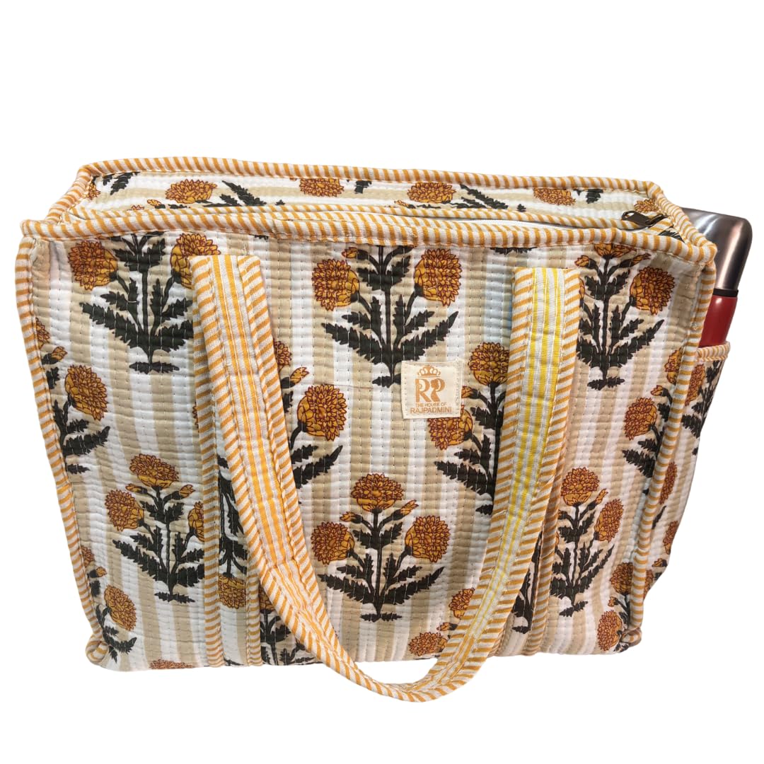 The House of RajPadmini Floral Quilted Cotton Shopping Tote Bag, 16x16 inches, Striped Trim, External Bottle Pocket (Floral Yellow (250 GSM Cotton))