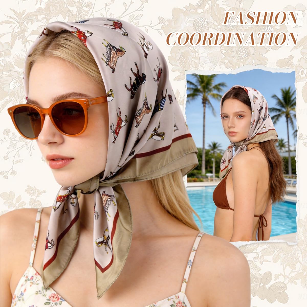 SANNIDHI 2 Pcs Satin Bandana Scarf for Women, Floral Print, 27.5x27.5 Inch