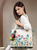 Anekaant Kooky Floral Embroidered Tote Bag for Women| Large Off White Jacquard Shoulder Bag | Perfect for College, Office & Everyday Use
