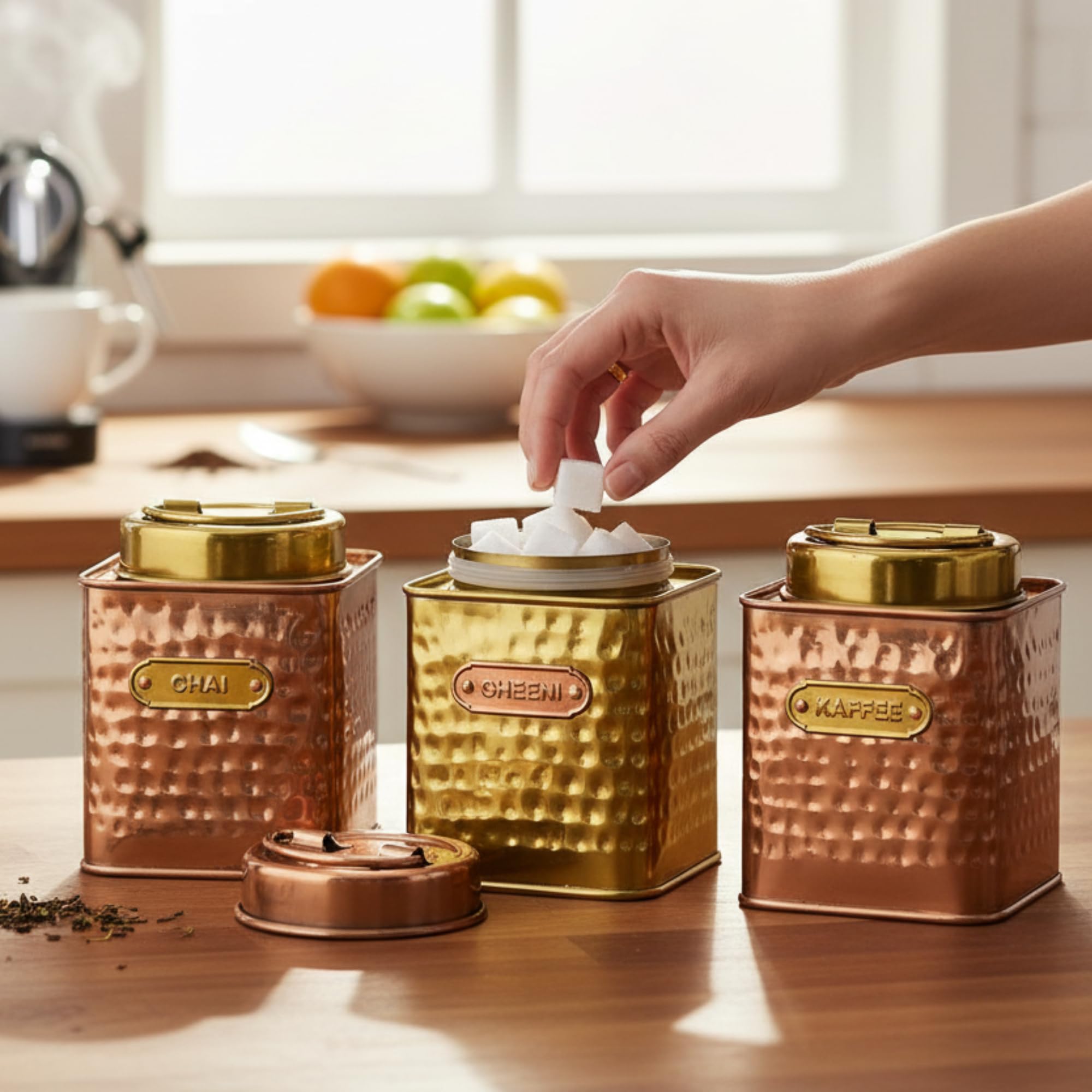Elan Dabbahs and Days Stainless Steel Square Chai, Cheeni & Kaffee Multipurpose Canister, Kitchen Organizer Jar for Tea Sugar Coffee and Snacks (650 ml each, Set of 3, Copper and Antique Gold Finish)