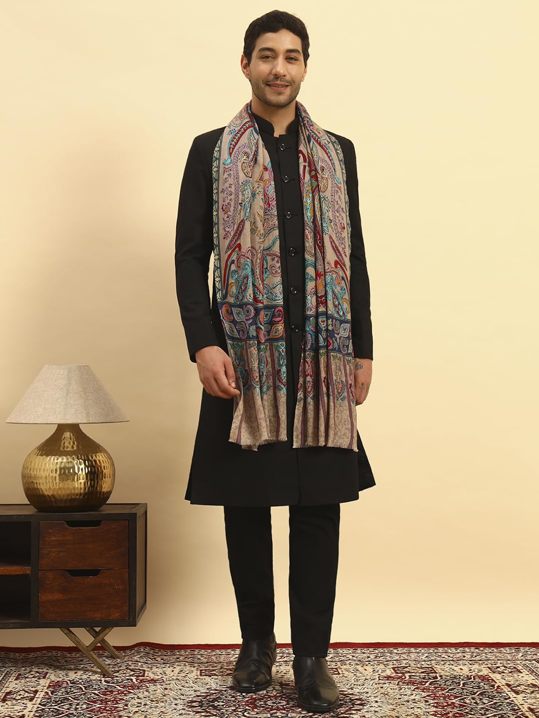 Pashmoda Men Saahtaar 100% Pure Wool Fabric Kalamkari Embroidered Stole (Size-28x80in, 71x203cm) MKAST01