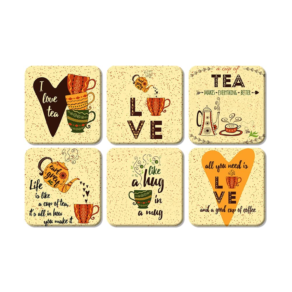 Artvibes Printed MDF Wooden Coasters for Home and Kitchen | Dining Table Decor | Square Coasters | Kitchen Decorative Items | Table Decoration | Home Decor (Set of 6 | 4x4 Inch)(Tea) TC_2008