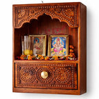 Wooden Wall Mounted Temple for Home, Office and Shop, Hand-Carved with Storage, Small Pooja Mandir