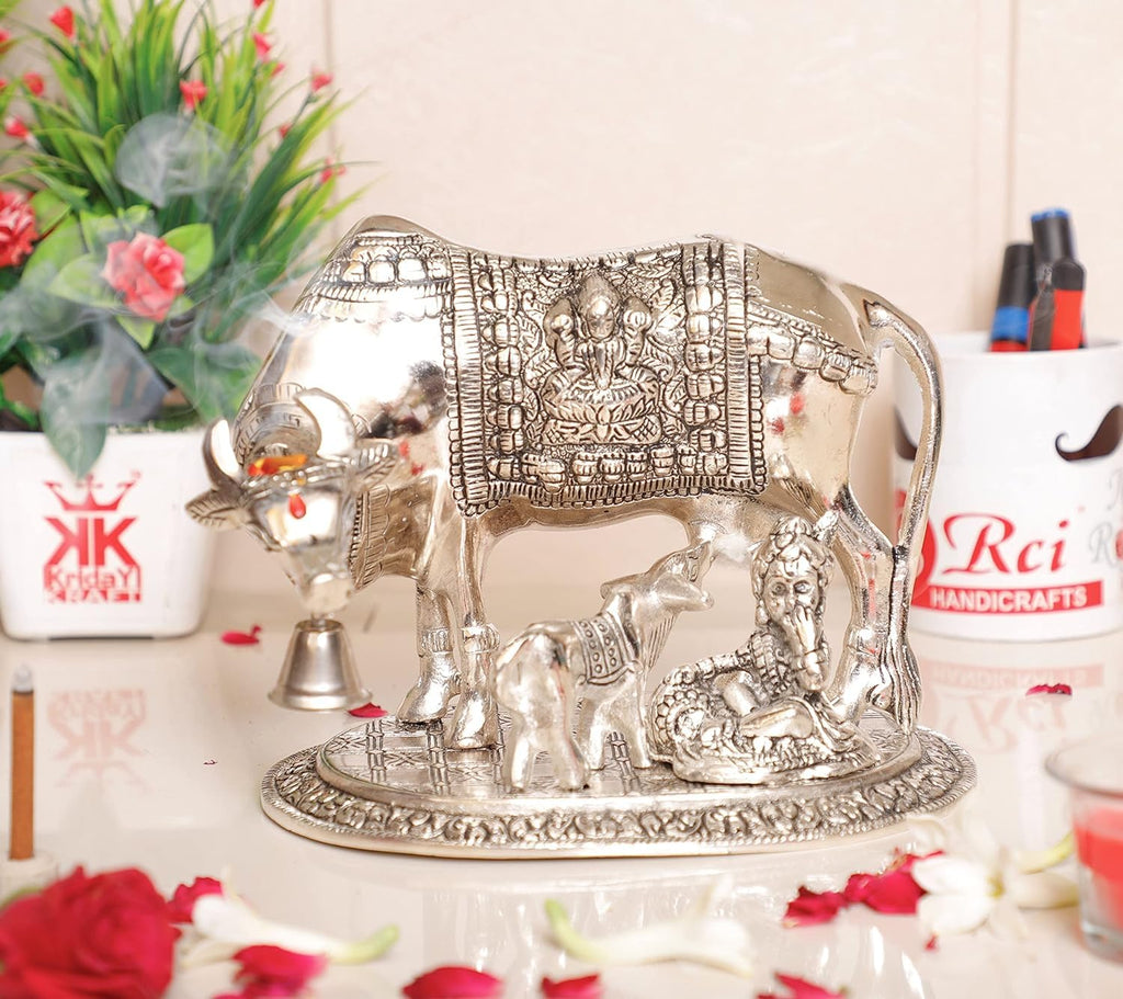 KridayKraft Kamdhenu Cow & Calf with Bal Gopal Krishna Metal Statue Vastu Idol for Good Luck, Wealth & Prosperity, Feng Shui Showpiece for Home, Office & Housewarming Gift (Silver)