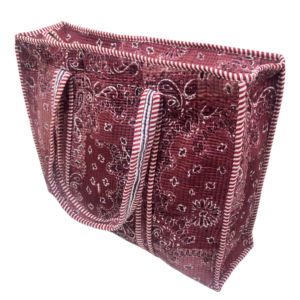 Bazaar Bhoot Edition Premium Cotton Quilted Shopping Tote Bag - Multipurpose Long Lasting Foldable Reusable Bag with zipper for Shopping, Travel & Daily Use - Made in India (Shaded Maroon)