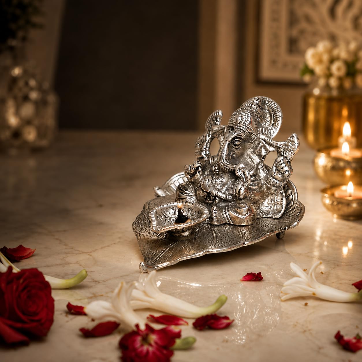 KridayKraft Ganesh Idol with Diya on Leaf, Metal Silver Finish Ganpati Murti for Home Decor, Pooja Room & Office Desk, Ganesha Statue for Diwali, Housewarming & Wedding Gift, 12 x 12 x 8 cm