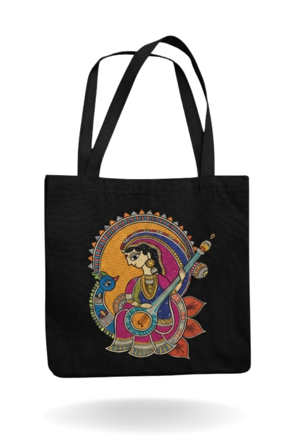 stilotee Women Cotton Tote Bag – Black Reusable Canvas Carry Bag with Goddess Saraswati Kalamkari Style Print | Traditional Indian Art Tote for College, Books, Shopping & Daily Use (black shaded)