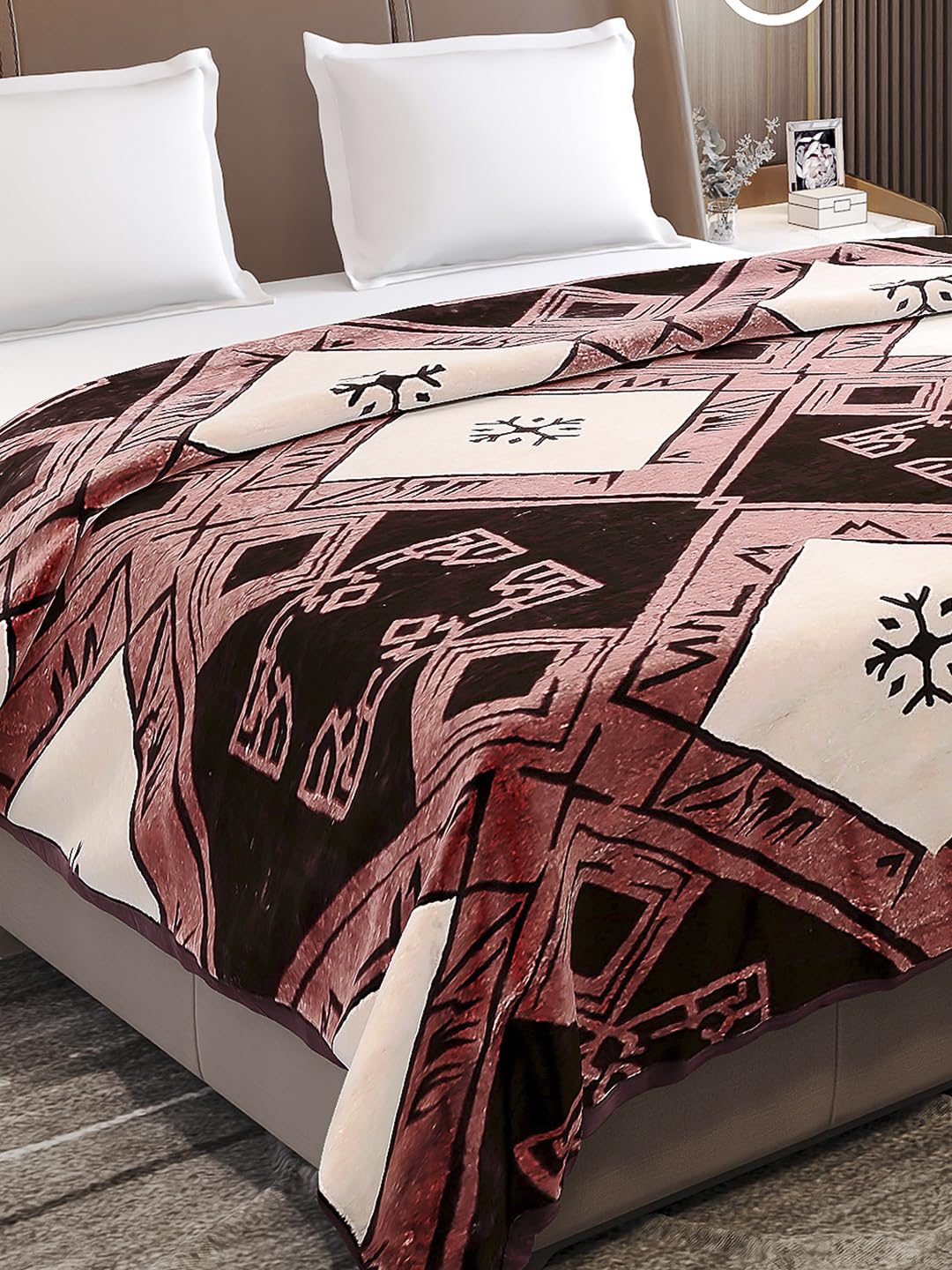 Monte Carlo Unisex Roman Box Double Bed No Reversible 1 Ply 550 GSM | 3 KG Heavy Winter Blanket (160 X 220) (220 X 240) (Pink White) Kafalo