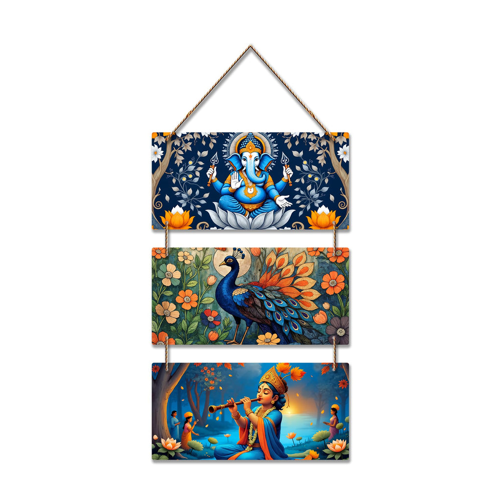 Artvibes Ganesha & Kartikeya Spiritual Auspicious Wooden Art Work Wall Hanging | Spiritual Decor Items | Paintings | Wall Poster | Vastu Art Prints| Stylish Modern Decor Item | Gift Items (WH_9424N)