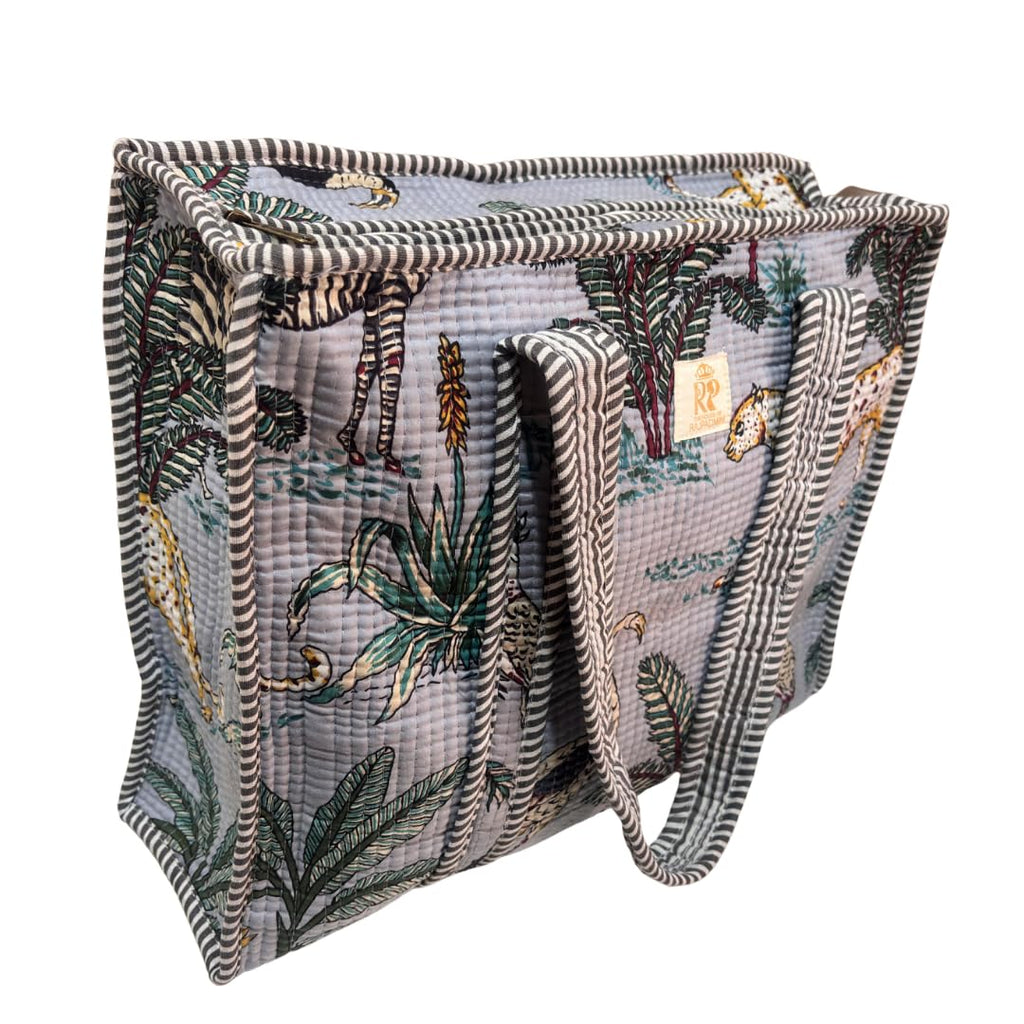 The House of RajPadmini Floral Quilted Cotton Shopping Tote Bag, 16x16 inches, Striped Trim, External Bottle Pocket (Animal Print Azure Blue (250 GSM Cotton))