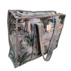 The House of RajPadmini Floral Quilted Cotton Shopping Tote Bag, 16x16 inches, Striped Trim, External Bottle Pocket (Animal Print Azure Blue (250 GSM Cotton))