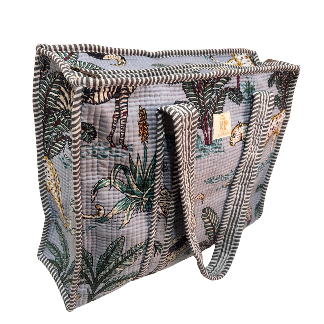 The House of RajPadmini Floral Quilted Cotton Shopping Tote Bag, 16x16 inches, Striped Trim, External Bottle Pocket (Animal Print Azure Blue (250 GSM Cotton))