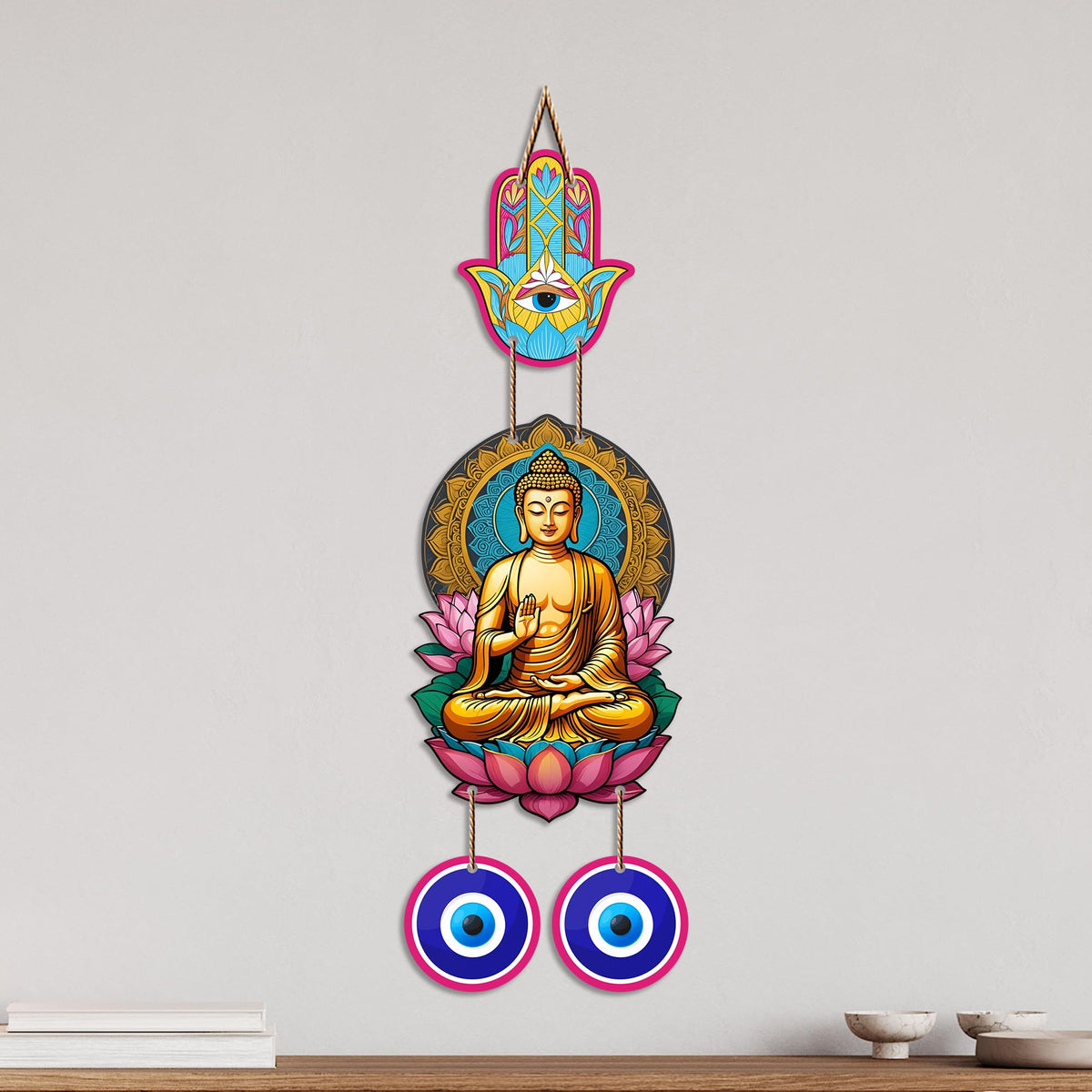 Artvibes Buddha Lotus Wall Hanging with Hamsa Hand & Evil Eye Charms | Decorative Spiritual Hanging for Positive Energy | Wooden Home Decor for Living Room | Office | Religious Art Gift (WH_8597N)