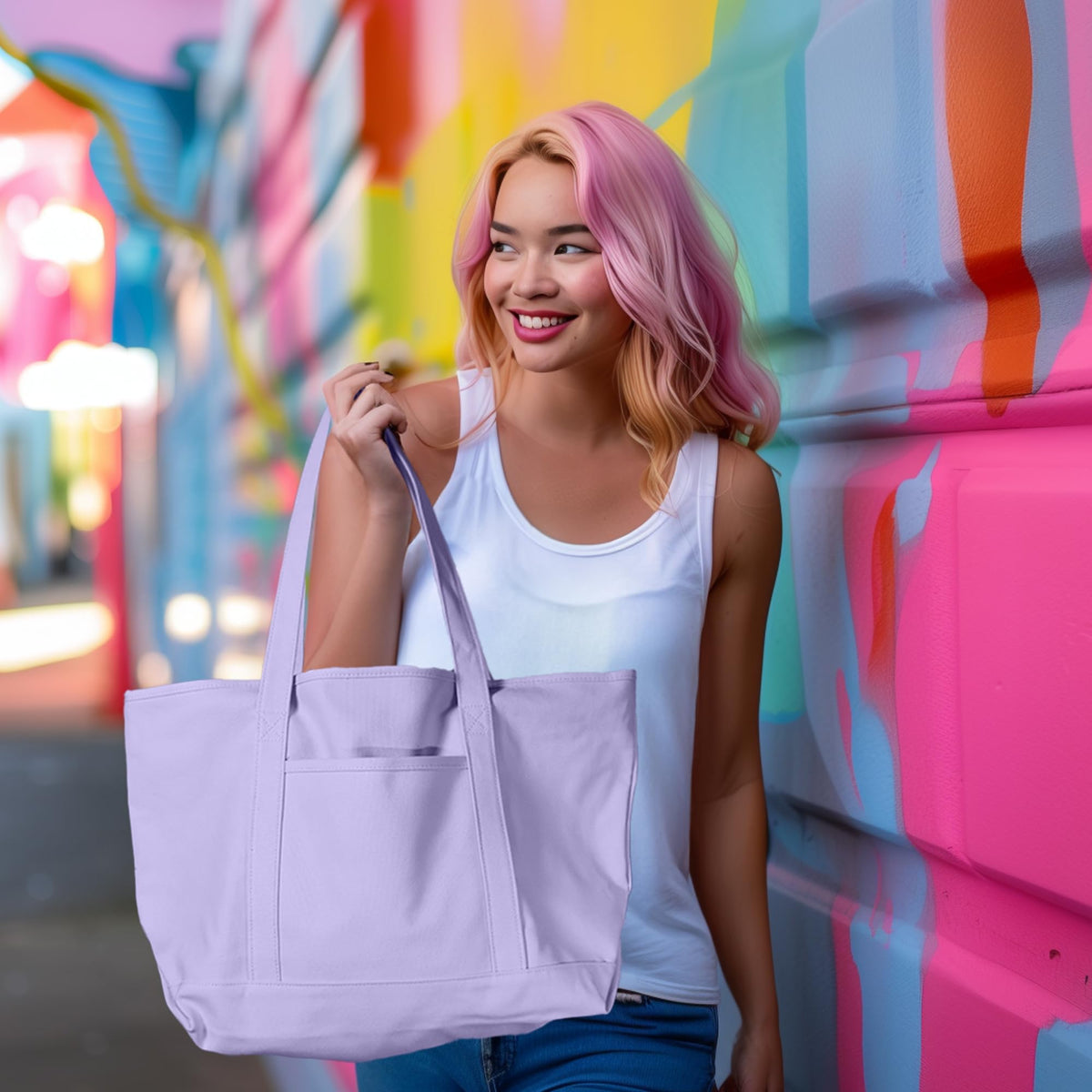 DALIX Womens 23 Deluxe 24 oz. Cotton Canvas Tote Bag Zippered, Lavender, Large