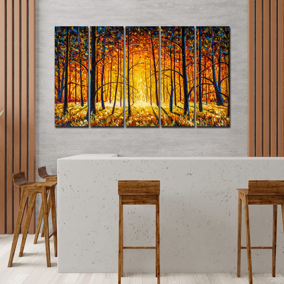 VIBECRAFTS Beautiful Tree Forest In Sunset 5 Pieces Canvas Wall Painting For Home | Office | Living Room | Gift (PTVC5Pcs4_8504)
