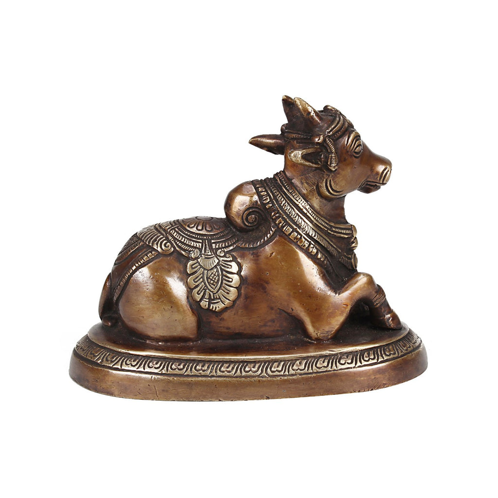 SVARUP Brass Nandi Shiv Ji Parvati Vehicle Bull Statue Idol Shiva Devotee Puja and Decor 5.5 Inches Copper Gold Color 1 Pcs