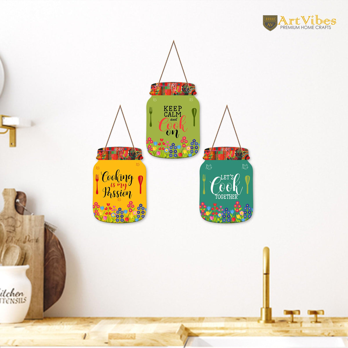 Artvibes Let's Cook Together Quote Wall Decoration Items for Kitchen | Cafe | Restaurant | Quotes Decor Item | Printed Wall Decoration | Kitchen Quotes Decor Item | Wall Poster (WH_8918N), Set of 3
