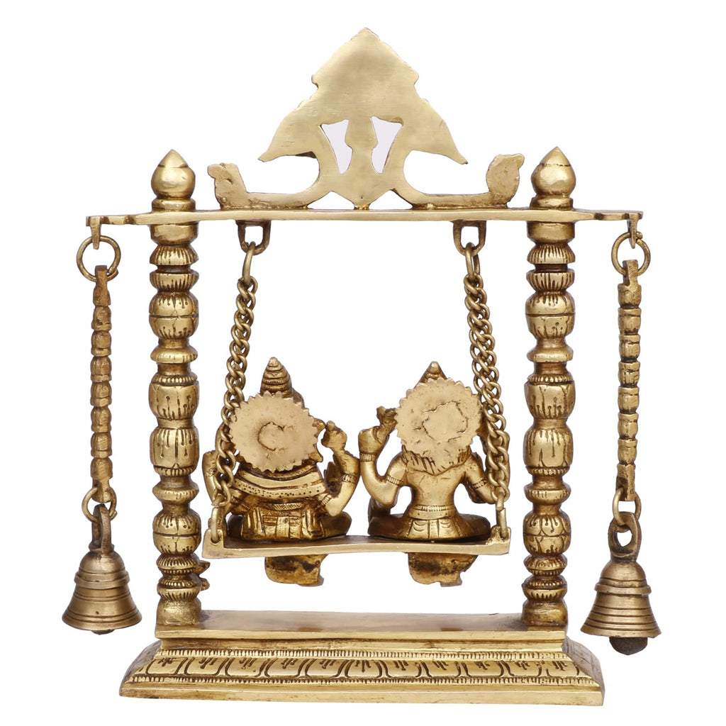 ARTVARKO Brass Laxmi Ganesha on Swing Jhula with Hanging Bells Luxmi Ganpati Jhoola Murti for Home Decor Office Mandir Gift
