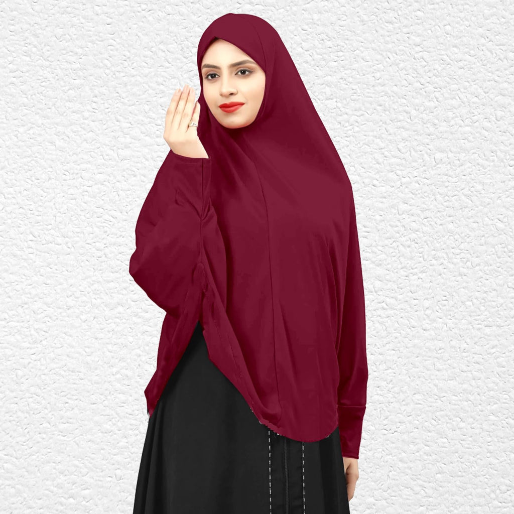 Women’s Maroon Instant Hijab with Attached Cap | Ready-to-Wear Stretchable Muslim Hijab Scarf | Soft Comfortable Islamic Headscarf for Daily Wear, Prayer, College & Office
